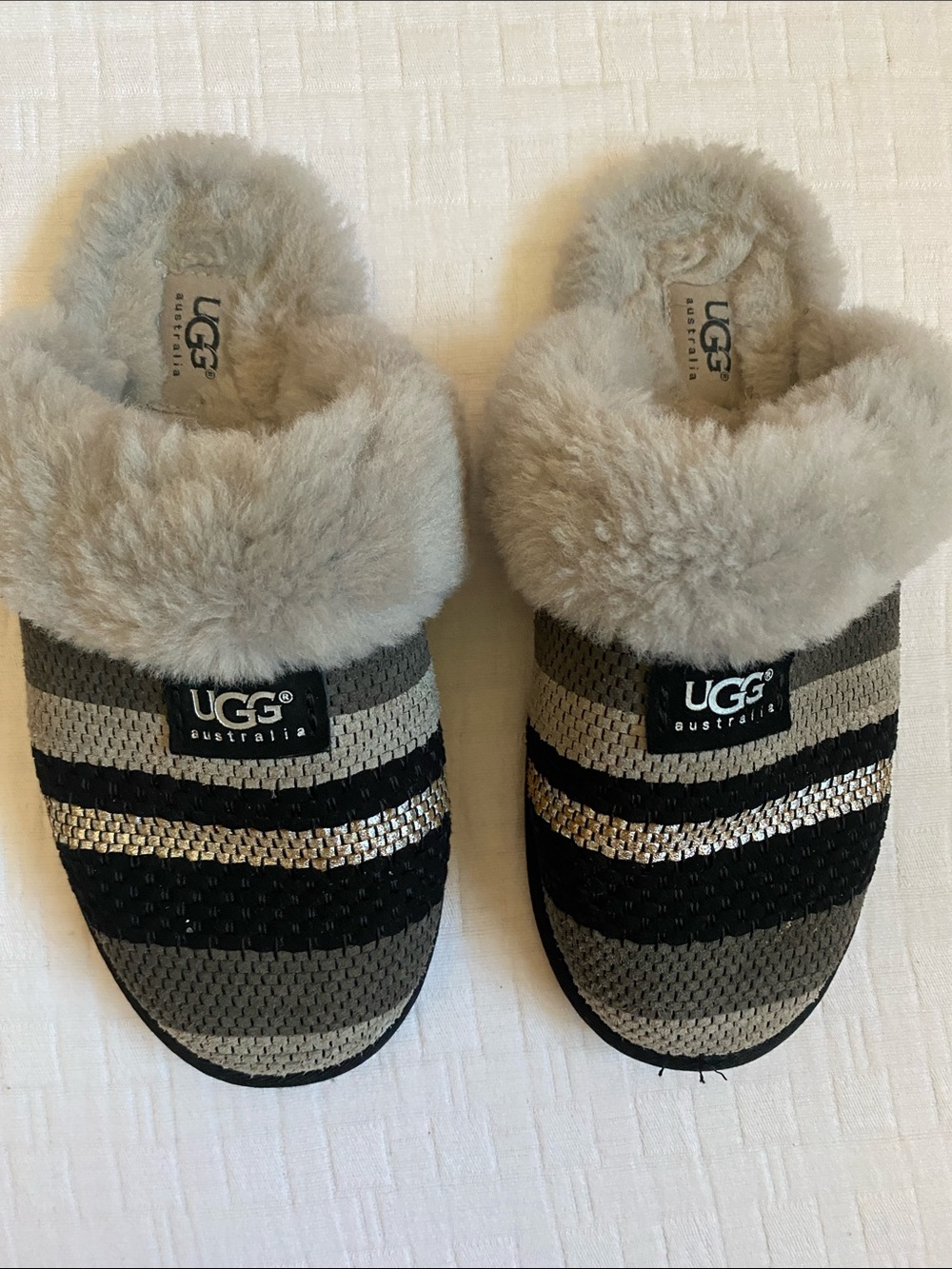 UGG Gray and Black Knit Faux Fur Slip-On Slippers